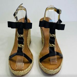 Kate Spade Black Patent Espadrille Wedge with Gold Chain Accents
